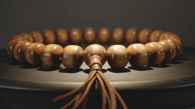 Smooth Wooden Prayer Beads With Tassel Centered On Dark Textured Surface Dramatic Lighting