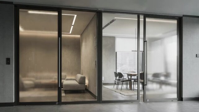 Close medium shot of a sliding partition in motion creating separate zones within a modular room built for dynamic hospitality needs.