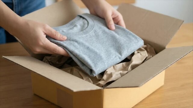 Woman packing grey t-shirt into cardboard box. Customer opening parcel with clothing. E-commerce delivery and retail purchase courier service logistics process concept.