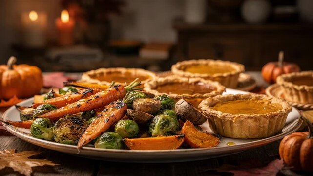 Autumn harvest buffet displaying roasted vegetables and pumpkin pies main platter sharply detailed with warm cozy decor blurred in the distance.