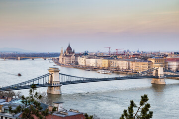 Fototapeta premium panorama view at the parliament with Danube river in Budapest