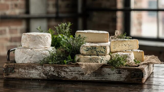 Close medium shot of herb garnishes and handmade cheeses on a distressed wooden tray in an urban loft catering setup with a blurred industrial background.