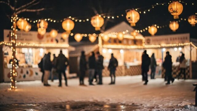 People walking through a snowy Christmas market at night decorated with glowing paper lanterns. Festive winter fair atmosphere with shopping stalls and warm light.