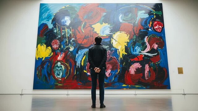 Person admiring an abstract painting in a modern art gallery with vibrant colors and dynamic shapes