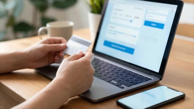 Woman inputting credit card information on laptop for online shopping. E-commerce transaction process. Secure digital payment method at home office workstation.
