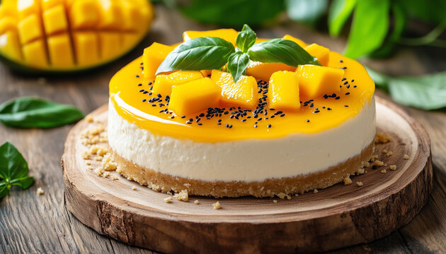 Creamy mango cheesecake with fresh fruit topping rests on wood slice. Yellow glaze covers dessert, sweet pastry base complements creamy filling. Green mint leaves garnish cake. Tropical mangoes