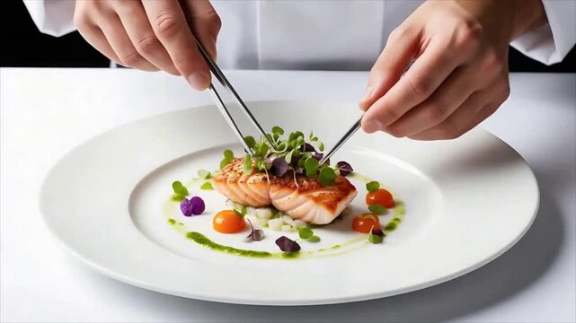 Chef plating a gourmet salmon dish with tweezers. Cook carefully decorating seafood with microgreens on a white plate. Fine dining restaurant food preparation.
