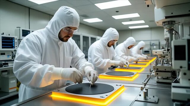 Technician in cleanroom suit performs precision inspection of silicon wafer. Semiconductor manufacturing process with professional scientist in protective clothing.