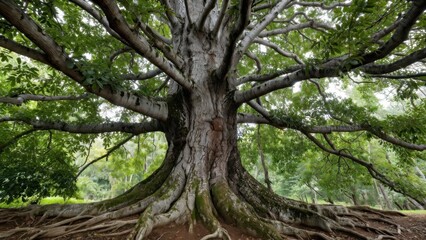 Fototapeta premium Wide trunk with exposed roots and sprawling branches