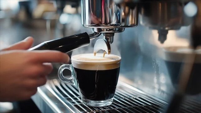 Barista preparing fresh espresso in glass cup. Coffee machine pouring beverage into mug. Process of making caffeine drink at cafe workspace for professional service.
