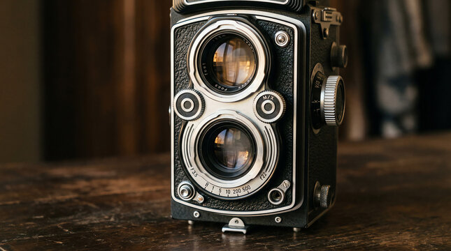 Front View of a Vintage Twin Lens Reflex Camera