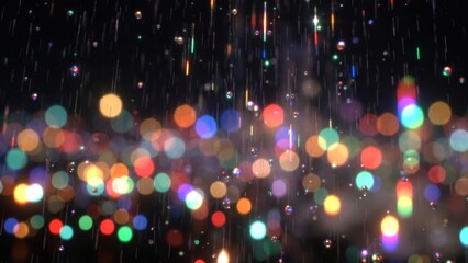 Multicolored bokeh lights streaking as raindrops on dark background