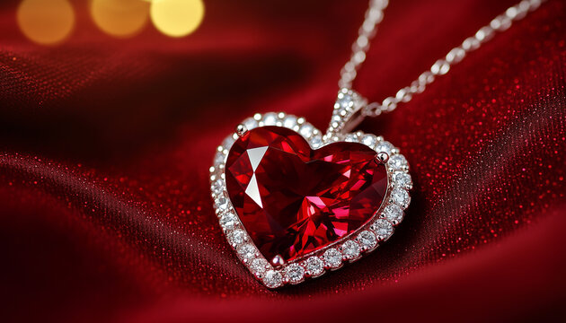 Luxury heart pendant with red gemstone and diamonds on silver chain. Elegant jewelry rests on rich red satin fabric. Sparkles and bokeh lights add glamour