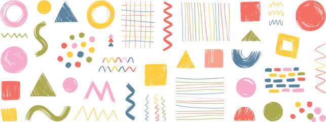 Fototapeta premium Colorful Hand Drawn Geometric Shapes Circles Squares Triangles Wavy Lines And Grids vector illustration