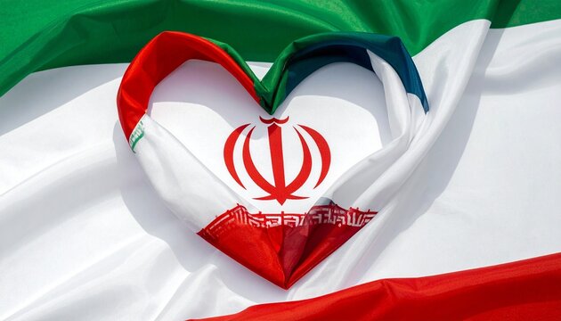 Iranian flag folds forming heart shape, green-white-red stripes, central emblem of Allah and tulip, Kufic script borders, patriotic symbolism, love, unity, cultural pride, national identity.