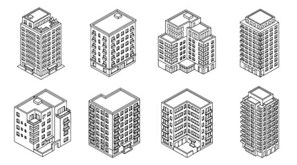 Fototapeta premium apartment building , 6 black line isometric 3d vector collection , white background , PNG and SVG isolate