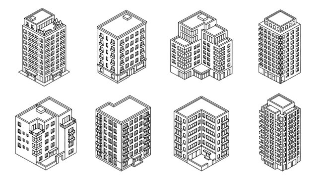 apartment building , 6 black line isometric 3d vector collection , white background , PNG and SVG isolate