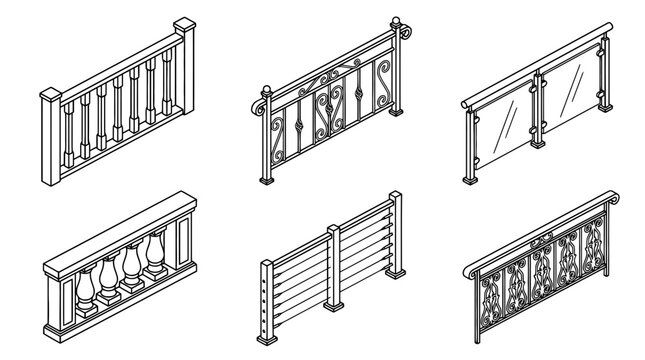 balustrade , 6 black line isometric 3d vector collection , white background , PNG and SVG isolate