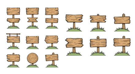 Fototapeta premium Wooden Signboard Icon Set — Rustic Blank Plank Signs, Directional Arrows and Post Illustrations