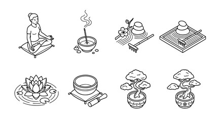 Fototapeta premium calm meditation , 6 black line isometric 3d vector collection , white background , PNG and SVG isolate