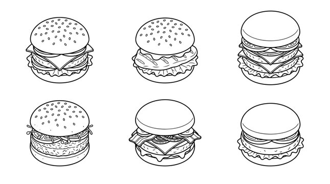 burger , 6 black line isometric 3d vector collection , white background , PNG and SVG isolate