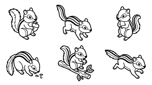 chipmunk , 6 black line isometric 3d vector collection , white background , PNG and SVG isolate