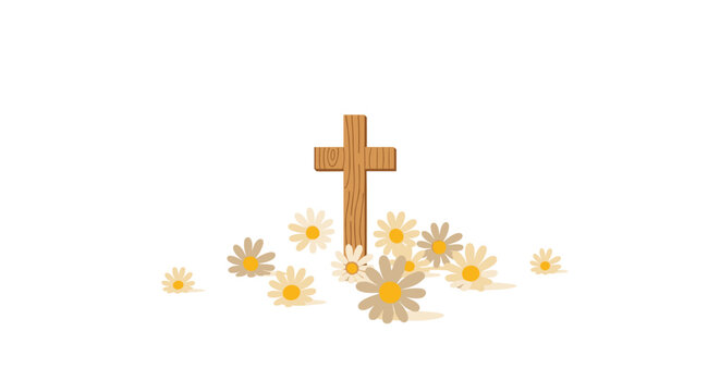 A wooden cross stands amidst a cluster of stylized daisies on a plain white background.