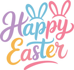 Happy Easter Colorful Bunny Ears Typography Vector Icon White Background