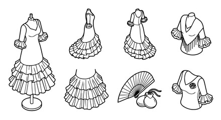 Obraz premium flamenco dress , 6 black line isometric 3d vector collection , white background , PNG and SVG isolate