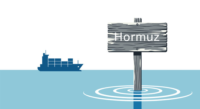 A blue cargo ship sails on calm water with ripples, while a weathered wooden signpost marked Hormuz stands partially submerged against a plain white background.