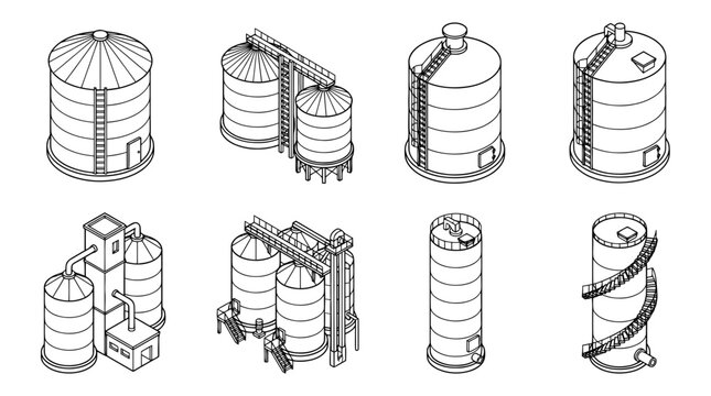 grain silo , 6 black line isometric 3d vector collection , white background , PNG and SVG isolate