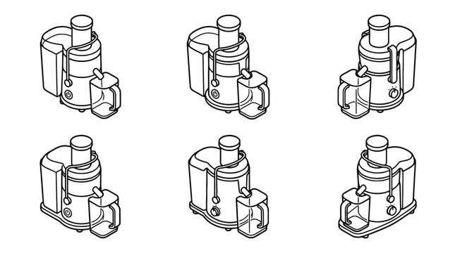 juicer machine , 6 black line isometric 3d vector collection , white background , PNG and SVG isolate