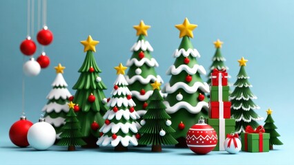 Fototapeta premium Cluster of decorated christmas trees with gifts on blue backdrop