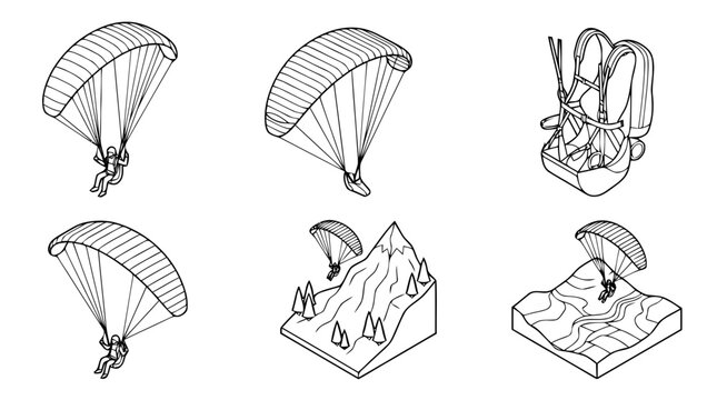paragliding , 6 black line isometric 3d vector collection , white background , PNG and SVG isolate