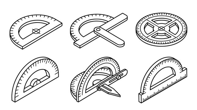protractor , 6 black line isometric 3d vector collection , white background , PNG and SVG isolate