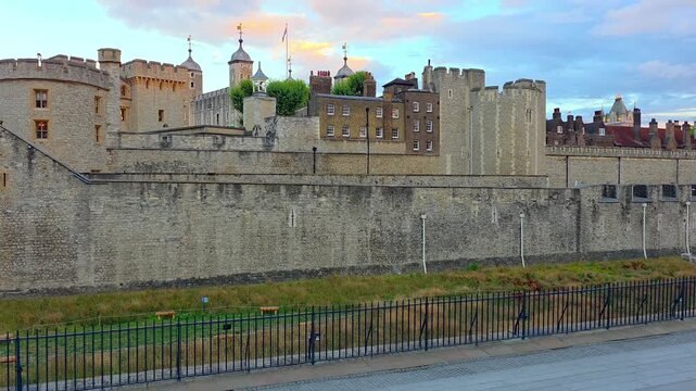 Panning view of the historic Tower of London, at sunset