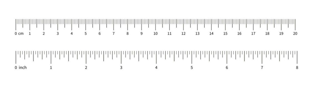 Ruler scale, measuring chart with 8 inches and 20 centimeters. Length measurement distance, height, math. Template of sewing tool. Measuring chart with 8 inch and 20 cm.