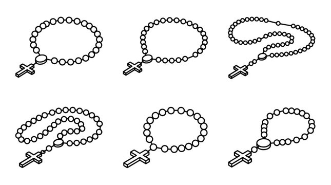 rosary beads , 6 black line isometric 3d vector collection , white background , PNG and SVG isolate