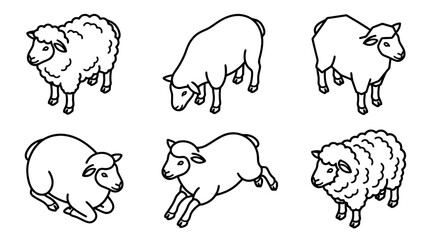 Fototapeta premium sheep , 6 black line isometric 3d vector collection , white background , PNG and SVG isolate