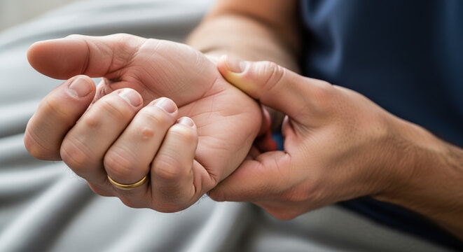 Man checking his pulse on wrist while relaxing at home in a calm setting
