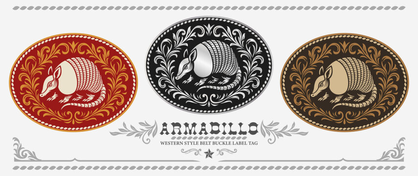 Armadillo Label Tag emblem design stylized silhouette buckle belt Ornate classic old west style engraving medal design vector color variants editable decorative frame Luxurious Shape