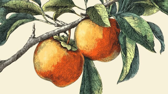 persimmon fruit illustration woodcut style branch with leaves botanical art
