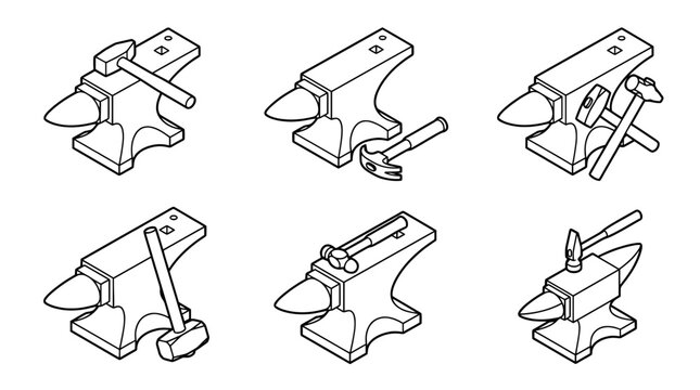 anvil and hammer , 6 black line isometric 3d vector collection , white background , PNG and SVG isolate