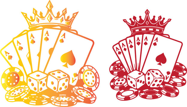 Vibrant vector illustration of a royal flush of aces, dice, and poker chips with a crown, symbolizing casino gambling design on transparent background. on transparent background