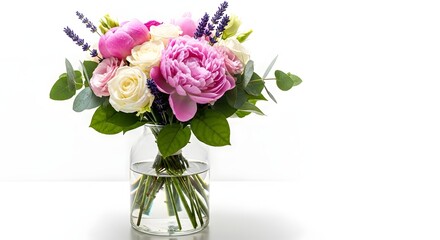 Obraz premium A beautiful bouquet of pink and white peonies with lavender and eucalyptus in a glass vase, perfect for any occasion