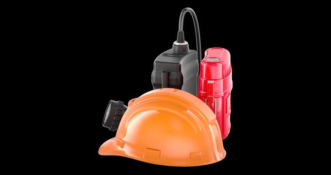 Miners cap lamp hard hat and self rescuer, rotation animation seamlessly loopable. 3D rendering isolated on transparent background