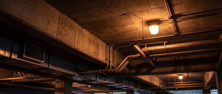 Dark industrial basement ceiling with concrete and pipes