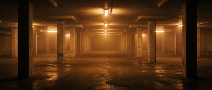 Empty underground parking garage with orange lights and fog