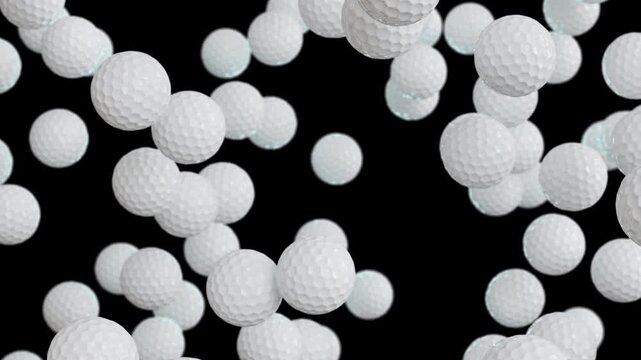 White golf balls falling downward in seamless loop. Sports animation with alpha channel isolated on transparent background.