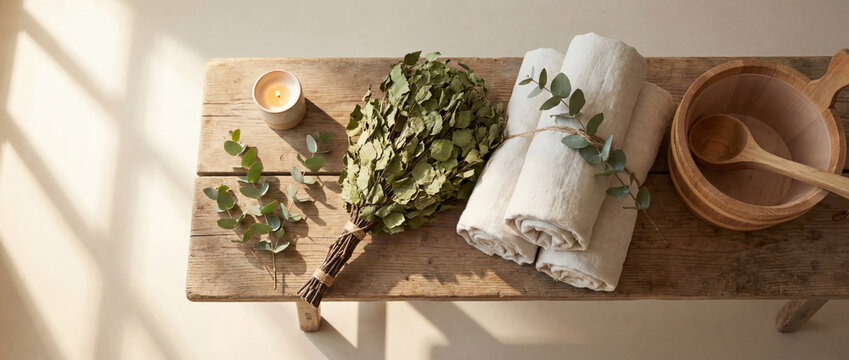 Sauna accessories preparing for a relaxing spa wellness ritual